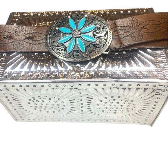 Leather Belt Silver Flower Buckle Turquoise Western Tooled Womens 9 Brown - Picture 1 of 5